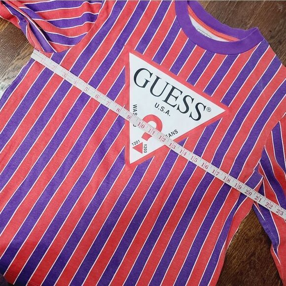 Y2K Guess Retro Red Purple Striped Classic Logo Long Sleeve T-shirt - Picture 8 of 16